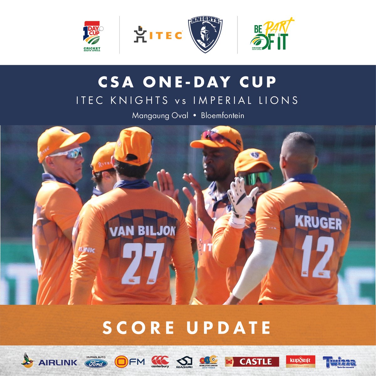 KnightsCricket's tweet photo. CSA #1DayCup
๐ฆ๐๐ข๐ฅ๐ ๐จ๐ฃ๐๐๐ง๐ | INNINGS BREAK
Imperial Lions vs Itec Knights
Lions | 240/6 (50ov)
Coetzee - 3/40 (10ov)
Mothoa - 2/48 (10ov)
Budaza - 1/34 (6ov)
ITEC Knights need 241 runs to win.
#BePartOfIt
#BackInOrange https://t.co/8uQFKSi0Ju