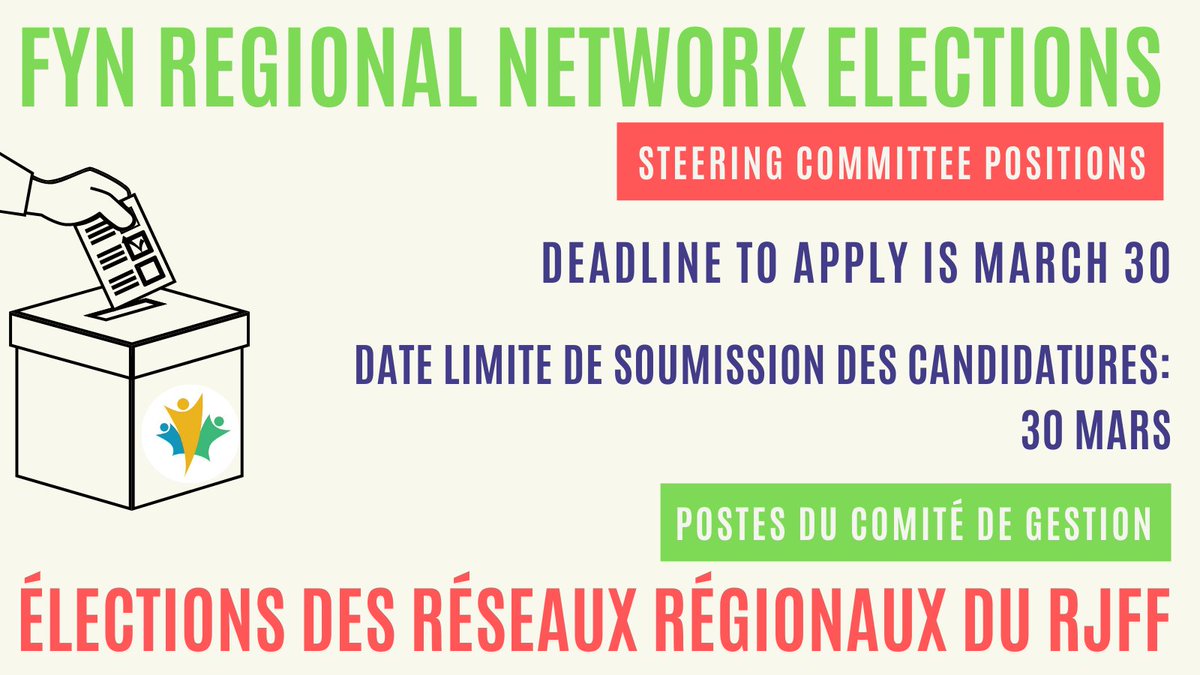 FYN_RJFF's tweet photo. 📢Application for Steering Committee positions for FYN's Regional Networks is now open! Get connected, take initiative

📢Candidatures aux postes de comité de gestion des réseaux régionaux du RJFF sont ouvertes!
Connectez-vous et prenez des initiatives

➡️https://t.co/fSReKr44E8 https://t.co/7t9viMPrSl