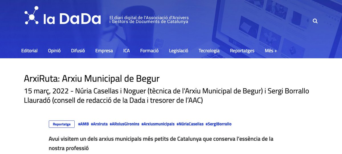 AjBegur's tweet image. 📢A @laDaDa_AAC parlen sobre l&apos;Arxiu Municipal de #Begur!

👥És un reportatge escrit per Núria Casellas (tècnica de l&apos;Arxiu) i Sergi Borrallo (consell de redacció de la Dada i tresorer de l’AAC)

🔎Et convidem a llegir-ho, a través del següent enllaç: arxivers.com/ladada/arxirut…