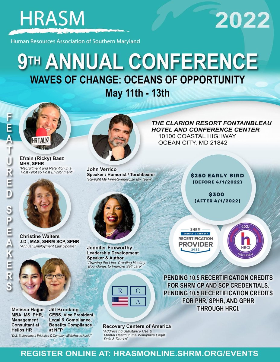 hrtalkpodcast's tweet photo. Our very own @RickyBaezHR will be speaking at the 9th Annual Human Resources Association of Southern Maryland conference on 5/12/22! Tickets are still available at https://t.co/DsJsRYRciL #hrtribe #hrasm https://t.co/fnIlQJqSK3