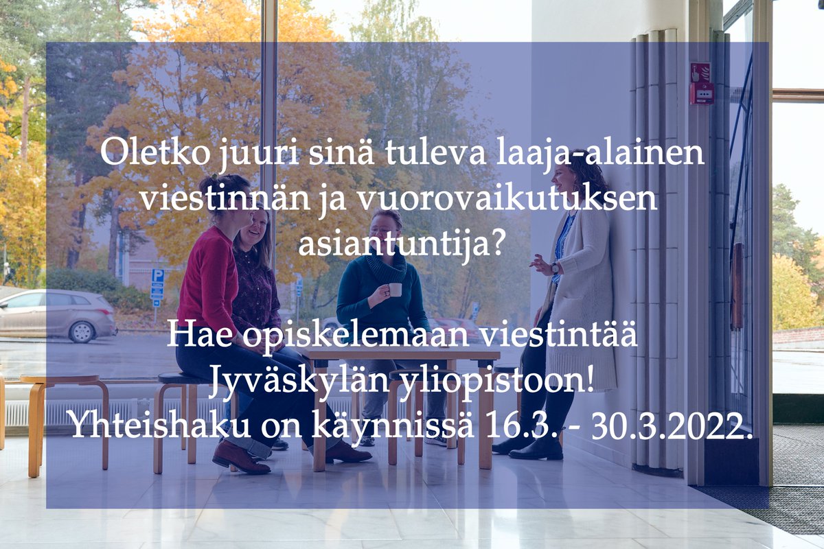 Innostaako #viestintä ja #vuorovaikutus?🗨️ Haluaisitko ymmärtää mm. vuorovaikutussuhteiden, ryhmien ja tiimien sekä teknologiavälitteisen viestinnän kysymyksiä erityisesti työelämässä?📙 #Yhteishaku on nyt käynnissä. Tutustu oppiaineeseemme jyu.fi/hytk/fi/laitok… ja hae!