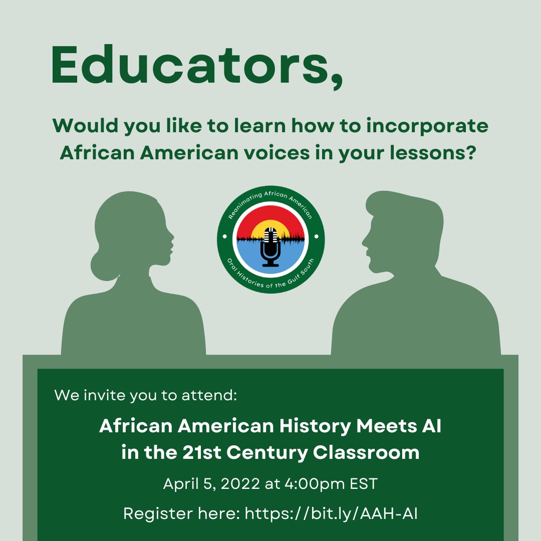 Educators, join us to learn how to incorporate African American voices in your lessons!
April 5 at 4pm, we'll be holding an event to discuss how we're using AI to create instructional lesson plans from @SPOHP 's Joel Buchanan Archive!
Register here: bit.ly/AAH-AI!