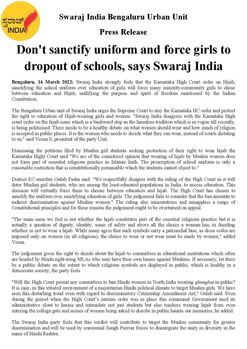 The Bengaluru Urban unit of <a href="/_SwarajIndia/">Swaraj India</a> urges the Supreme Court to stay the Karnataka HC order and protect the right to education of Hijab-wearing girls and women.

<a href="/swaraj_abhiyan/">Swaraj Abhiyan</a> <a href="/swarajindia_KA/">SwarajIndiaKarnataka</a> <a href="/SwarajAbhiyanKA/">ಸ್ವರಾಜ್ ಅಭಿಯಾನ್ ಕರ್ನಾಟಕ Swaraj Abhiyan Karnataka</a> <a href="/Youth4Swaraj/">Youth For Swaraj</a> <a href="/_YogendraYadav/">Yogendra Yadav</a> <a href="/aviksahaindia/">Avik Saha</a> <a href="/swarajchristina/">Christina.Samy</a>