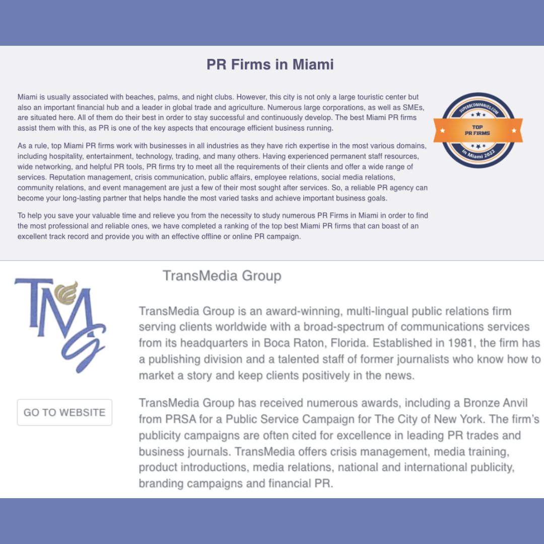 TransMediaGroup's tweet photo. TransMedia Group is among the TOP 10 PR Companies in Miami according to @superbcompanies!
#TMGSocial #PublicRelations #Top10 #TransMediaGroup #Trending #SouthFlorida #TMG https://t.co/Mtnc37epVv