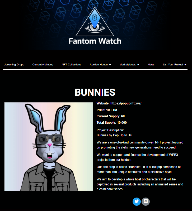 🚨Added to Fantom Watch🚨

🔦 Currently Minting:

BUNNIES by @PopUpNFTs 
Price: 10 FTM
Total Supply: 10,000
Site: popupnft.xyz

#ftm #ftmnft #ftmwatch