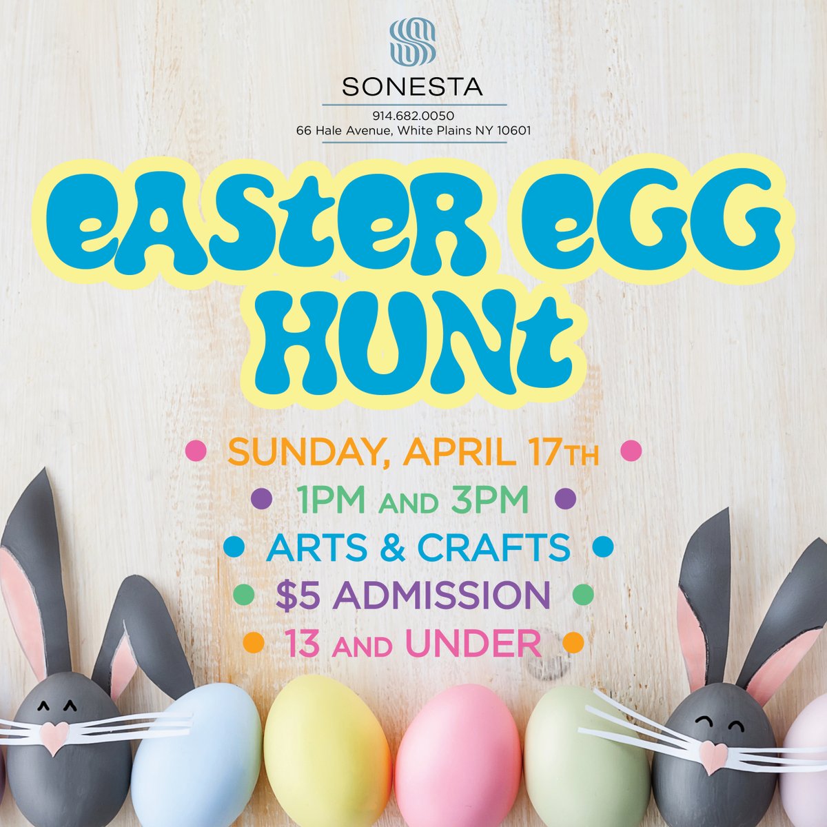 Bring the kiddos for our 🐰EASTER EGG HUNT 🐣#SonestaWhitePlains will host the Hunt at 1pm and 3pm (between our brunch seatings!) FIND THE GOLDEN EGG FOR A GRAND PRIZE! We'll also have arts + crafts for the little ones. #Easter #EasterBrunch #SonestaHotel #ShineThroughSonesta