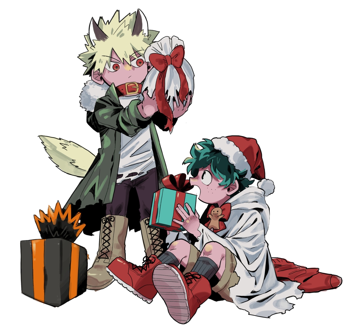 bakugou katsuki ,midoriya izuku multiple boys 2boys freckles green hair male focus gift red footwear  illustration images