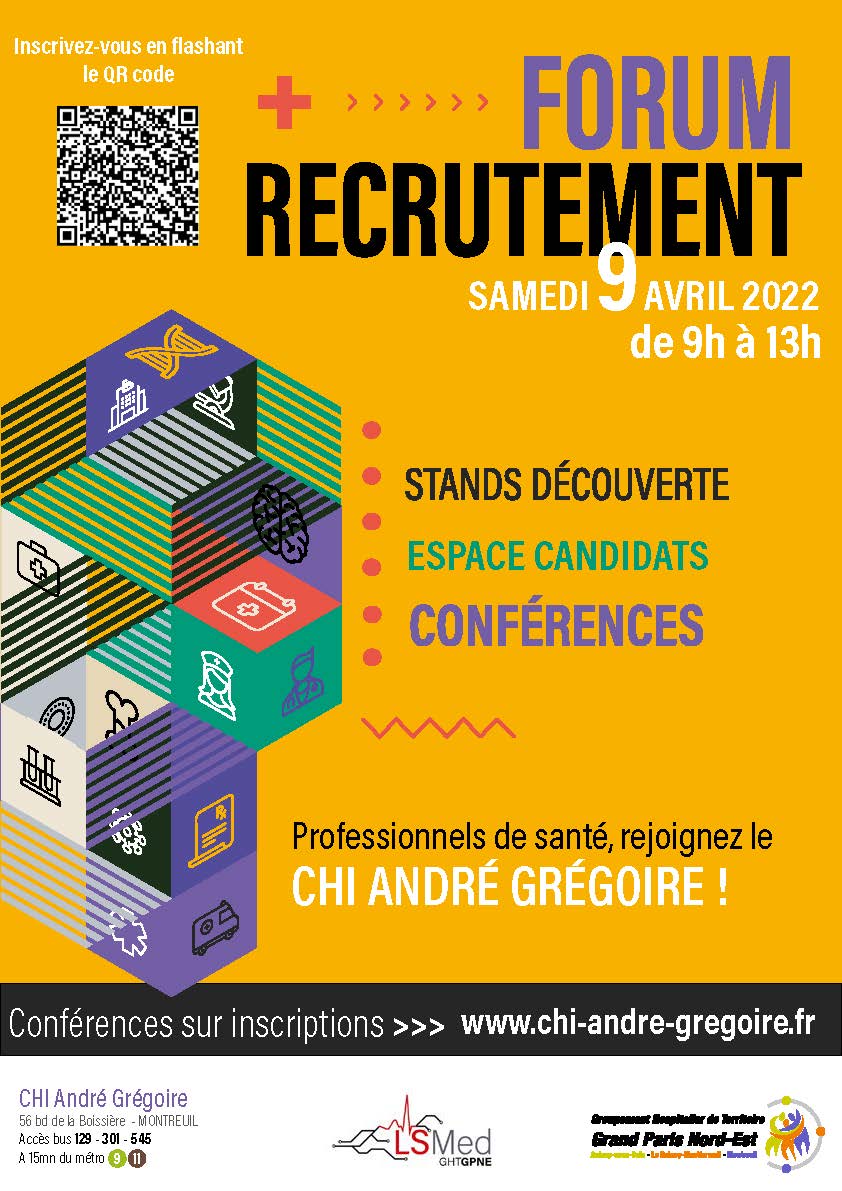 [SAVE THE DATE - Forum de recrutement CHI André Grégoire - 9 Avril 2022 📅]  

➡️ Vous êtes diplômé.e ou bientôt diplômé.e ? Venez rencontrer nos professionnels et vous renseigner sur vos opportunités de carrière au sein du CHI André Grégoire le samedi 9 Avril 2022 de 9h00 à 13h