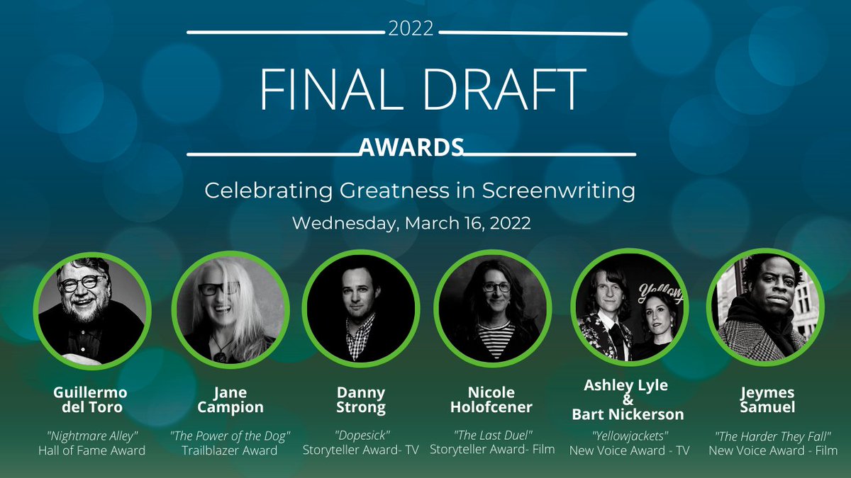 finaldraftinc's tweet photo. Tonight at the #FinalDraftAwards, we're honoring @Jeymes (#TheHarderTheyFall), @ashannlyle / #BartNickerson (@yellowjackets96), #NicoleHolofcener (@TheLastDuelFilm), @Dannystrong (@DopesickOnHulu), #JaneCampion (@TPOTD) & @RealGDT (@Nightmare_Alley) RSVP: https://t.co/MkIclmjmM4 https://t.co/PdBKmQ6zLh