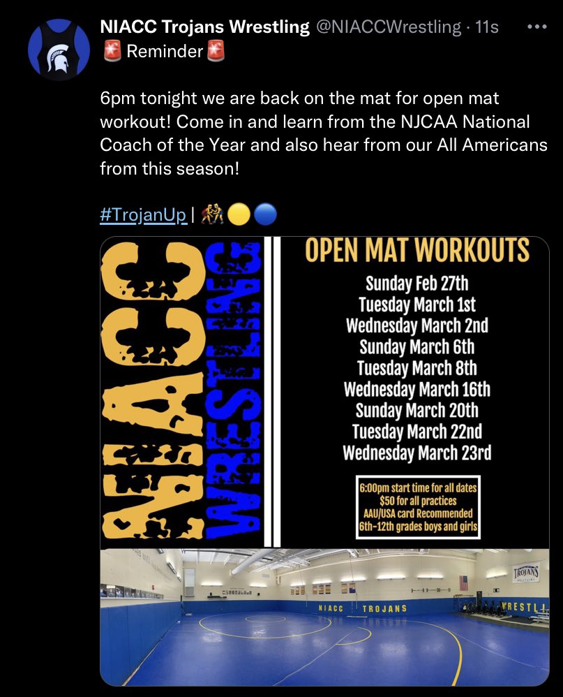 NIACC1Wrestling's tweet photo. See you tonight at 6pm for Open Mat workout in the NIACC Wrestling Room‼️

#TrojanUp | 🤼‍♂️🟡🔵 https://t.co/ZkVmyXgro2
