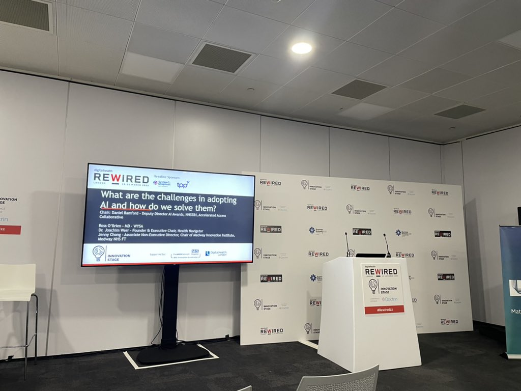 weare_hn's tweet photo. 📍🚨 We’re now over on the Innovation stage where HN Founder and Executive Chair @JoachimWerr will be taking part in a fascinating session on the challenges in adopting AI & how to solve them.
🪑 Grab a seat and join us!
#rewired22 #healthevents @DHRewired https://t.co/EMPm5gToft
