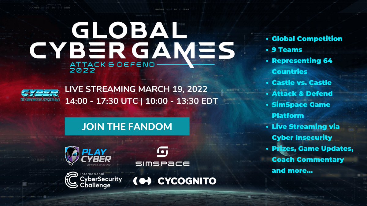 KatzcyPlayCyber's tweet photo. Join the #Fandom and watch the #GlobalCyberGames on March 19th. 9 teams of 15 players will compete to protect their ‘castle’ from ‘attacks’. Learn more: https://t.co/SxVVIlPmDh

@KatzcyPlayCyber, #Cyber_Insecurity, @cybersec &amp; @SimSpaceCorp https://t.co/gWb65Oj8Cg
