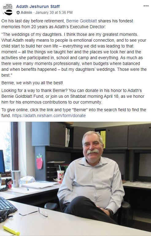 Little did we know what was soon to come and we are so grateful to have been finally able to celebrate Bernie Goldblatt's retirement as we intended. Hear his beautiful words of Torah on our blog: adathjeshurun.org/blog