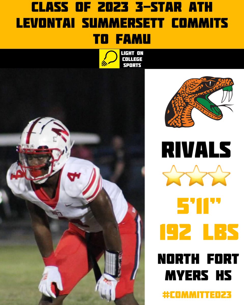 LightOnSports's tweet photo. Class Of 2023 3-Star ATH Levontai Summersett Has Committed To FAMU.
• 5’11” 192 Lbs
📍North Fort Myers High School
#Committed23
(📸: @LevontaiS) https://t.co/biGhELV6e1