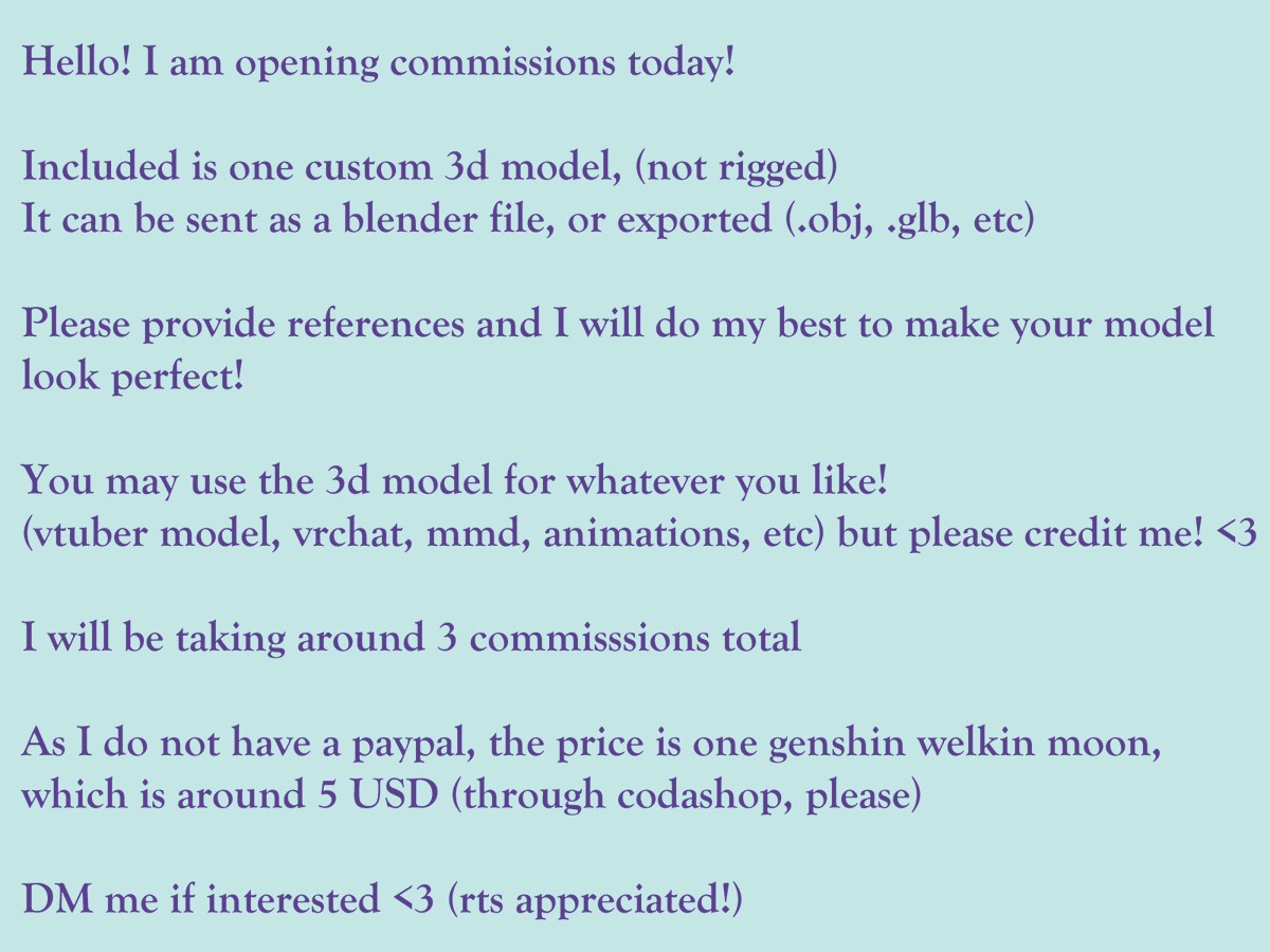 MxDeactivated's tweet photo. venti's banner is coming soon, and i really want him, so i'm opening 3d model / vtuber commissions!
it is for one custom unrigged model! ($5 USD)
example model + more details below :D
rts are very appreciated!
#art #commissions #comissionsopen #vtubercommissions #3dcomissions https://t.co/vxc5veLtZf