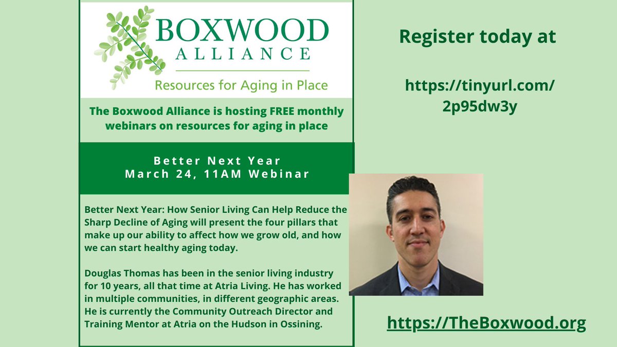 BoxwoodAlliance's tweet photo. Better Next Year: How Senior Living Can Help Reduce the Sharp Decline of Aging will present four pillars that make up our ability to affect how we grow old, and start healthy aging today https://t.co/SAMkww7LHy
#BoxwoodAlliance #Westchester #Putnam #AgingInPlace #WednesdayWisdom https://t.co/sEhYoZJ1aG