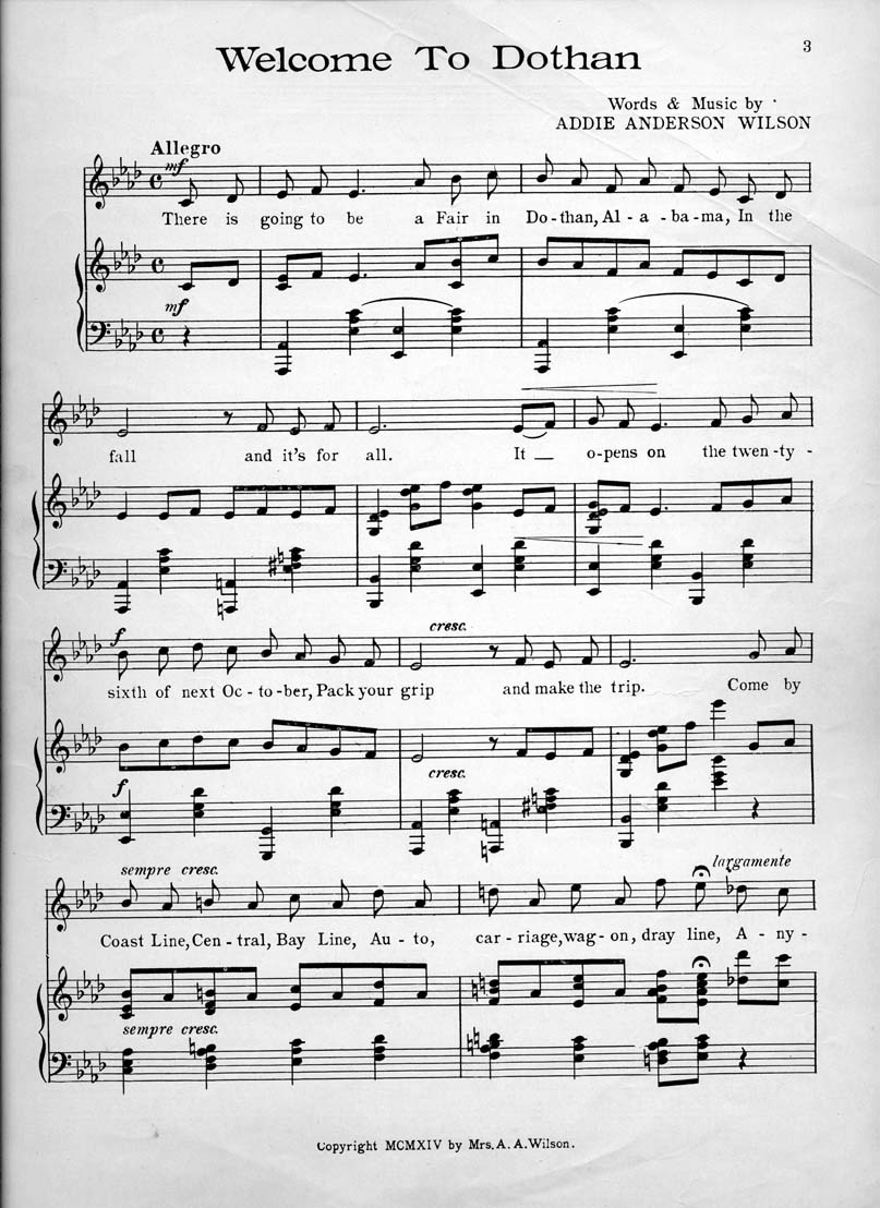 WiregrassArchiv's tweet photo. On this final day of #WHM, we introduce Addie Wilson, prize winning songwriter who penned many operettas, and locally-prominent pianist (she played for the Rotary Club monthly for 35 years). In 1914 she wrote "Welcome to Dothan" for that year's fair. https://t.co/4iQ2PM5TpI