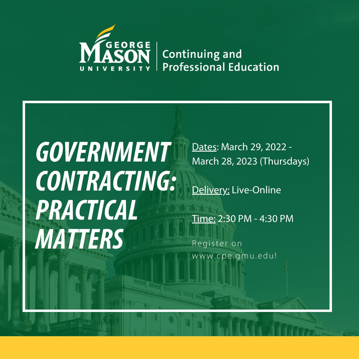 Mason_CPE's tweet photo. Attention #governmentcontractors: we have a new course beginning soon! In this monthly series course, experts will teach #government and #privatesectorcontracting compliance and ethics required for federal government contractors. https://t.co/P9nSSAjMhX https://t.co/xSyT5LoRiy