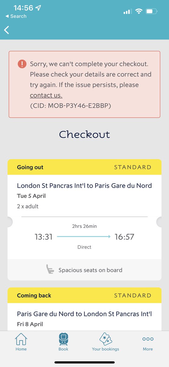 Rozmoz12's tweet photo. @EurostarUK hi, I am trying to book via our website but it just says the attached. However, you have taken the payment but no booking has gone through. What’s going on? https://t.co/1nGxg7f3UU