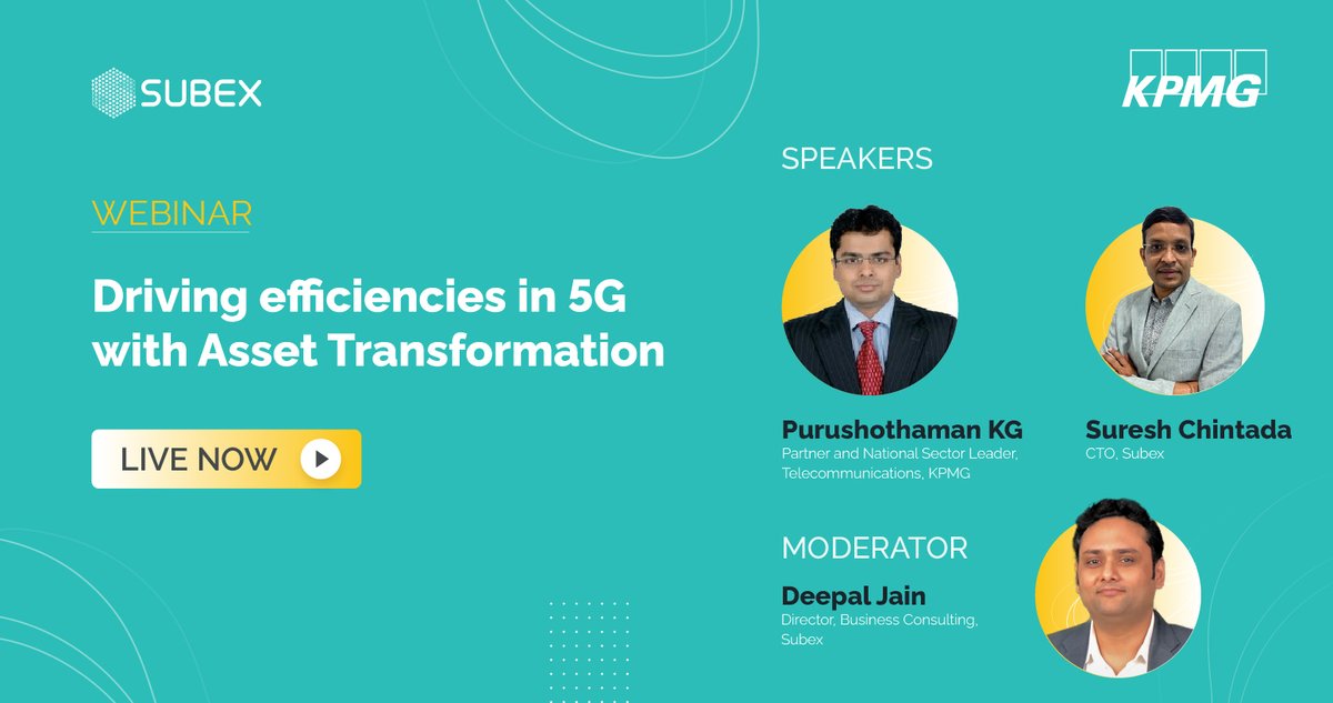 subex's tweet photo. Live Now!
Watch the webinar with @KPMG, we explore the need for a next-gen approach to #Capex optimization and how Enterprise #AssetManagement can help bridge the Capex gap.
Register now: https://t.co/H39oJbf4fi
#5G #NeworkAsset #TelecomAssetManagement https://t.co/99eyyOzGi9