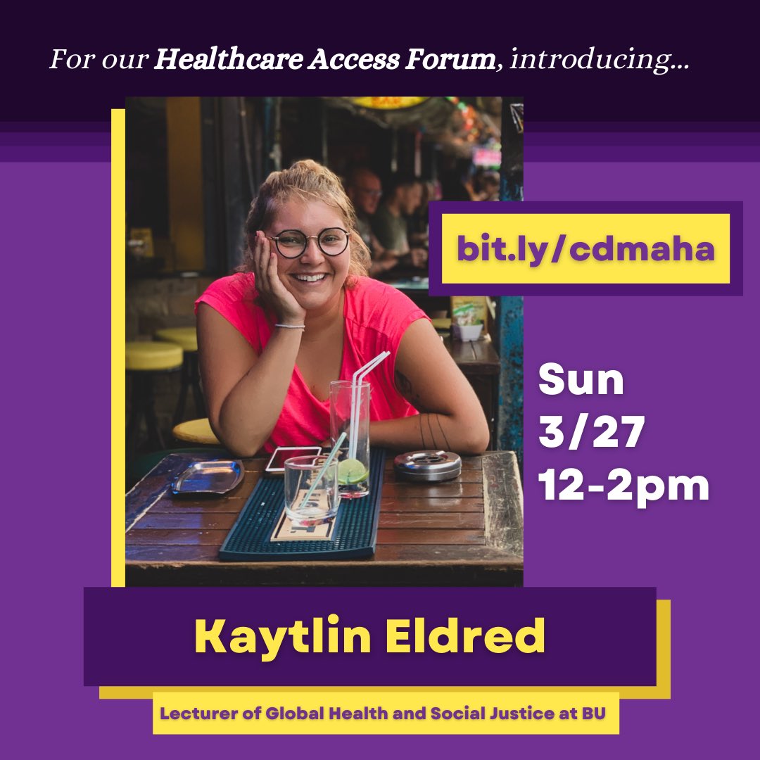 Come join CDMA’s Black Caucus at noon on Sun, 3/27 for a forum on healthcare access and social justice! We’ll hear from José Gómez-Márquez, an inventor at MIT, and Kaytlin Eldred, a lecturer in BU’s Health Science department. Join at bit.ly/cdmaha or in bio!