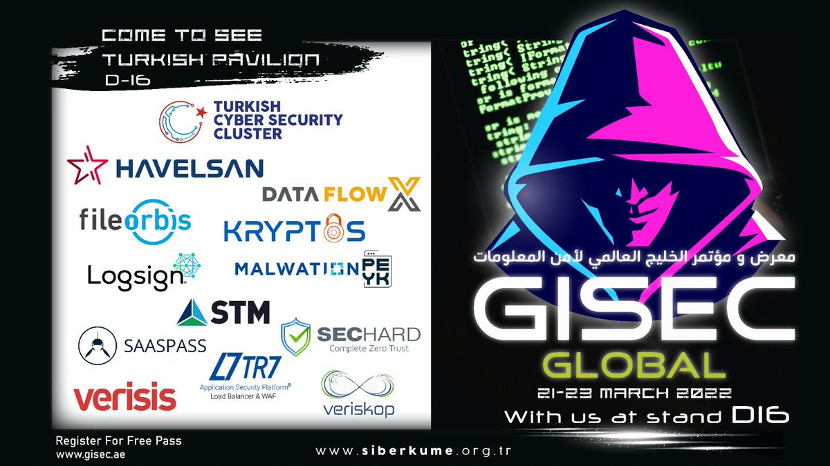 siberkume's tweet photo. As Turkish Cyber Security Cluster, we are proud to announce our presence at the upcoming GISEC Global 2022! 🌍
 
Join us at the Turkish Pavilion to meet with our innovative and leading Cyber Security companies! 🤝

#cybersecurity #gisecglobal #gisec #gisec22 #turkishcybersecurity https://t.co/jD7NxcyXBH