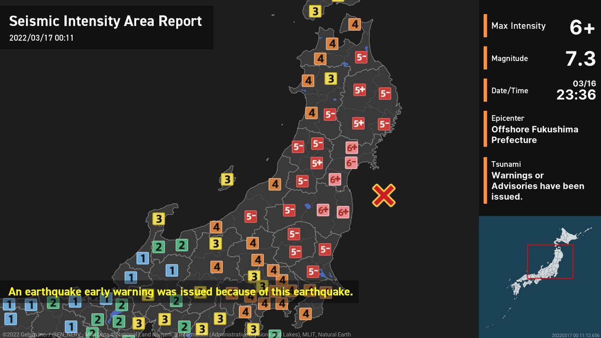 EN_NERV's tweet photo. Earthquake Detailed Report – 3/16
At around 11:36pm, an earthquake with a magnitude of 7.3 occurred offshore Fukushima Prefecture at a depth of 60km. The maximum intensity was 6+. Tsunami warnings/advisories have been issued. #earthquake https://t.co/YkDL16JNSO
