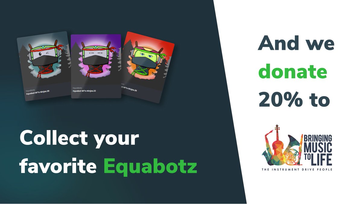 An NFT Collection That Supports Charity – There are 4 days left in Equabotz give back to Bringing Music to Life. 20% of all proceeds until the 20th will go to this non profit. Check out the collection today and help support a great cause!  opensea.io/collection/equ…