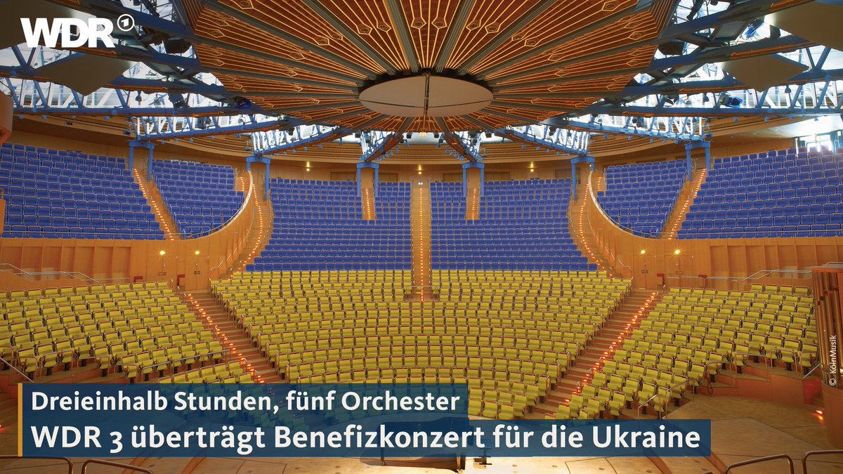 WDR's tweet photo. #WDR3 überträgt heute Abend (16.03), ab 19.00 Uhr, das Solidaritätskonzert zugunsten der ukrainischen Bevölkerung - live aus der Kölner Philharmonie. Mit dabei ist u.a. das WDR Sinfonieorchester. @koelnmusik
Mehr Infos hier: https://t.co/sKrdioseO6 https://t.co/5siF3GzY3m
