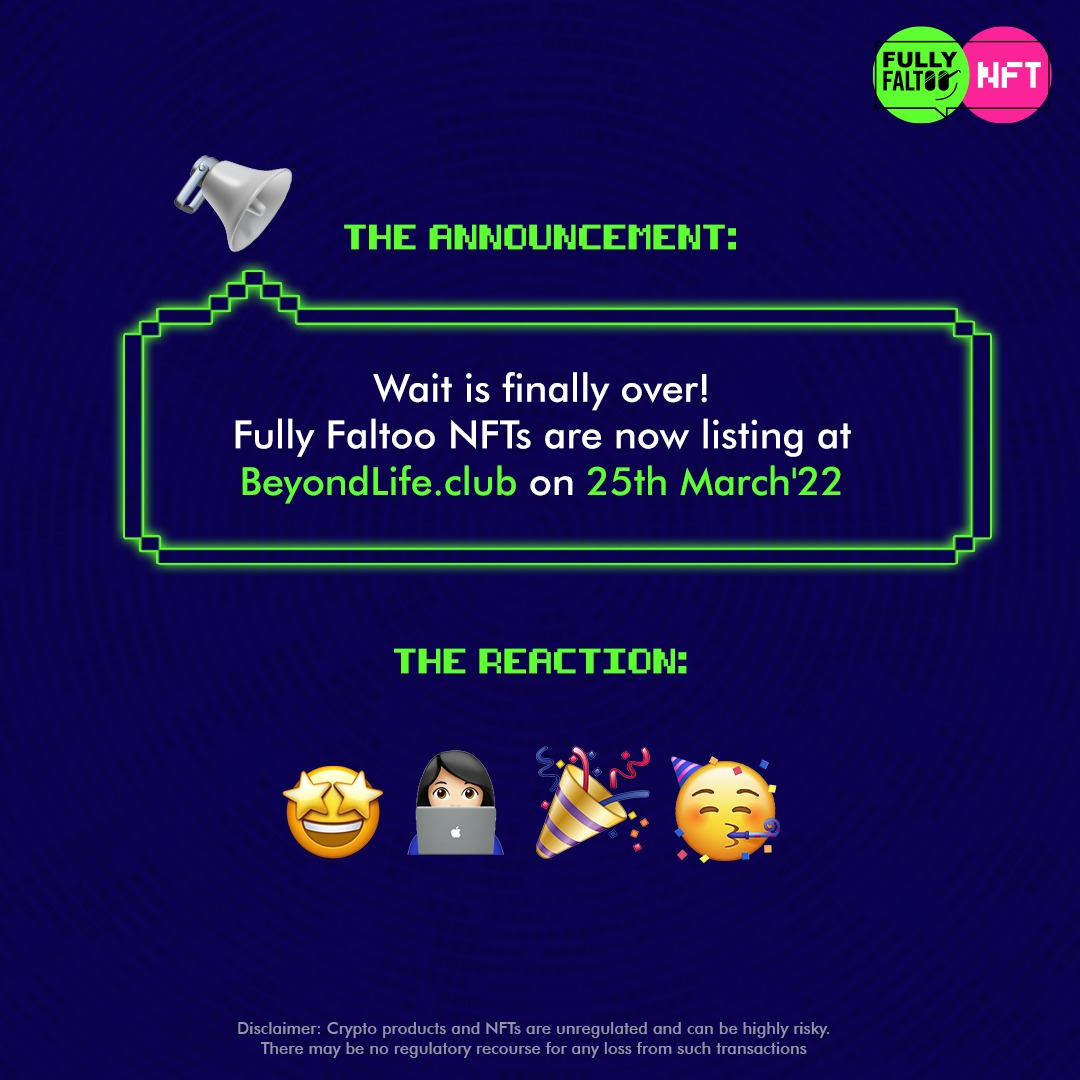 realfullyfaltoo's tweet photo. For those who missed our drop, here’s your second chance to get yourself the coolest NFTs out there!

Sign up on https://t.co/s6Cx5Rfycr and keep your wallet ready.

Disclaimer: Crypto products and NFTs are unregulated and risky.

#FullyFaltoo #FullyFaltooNFT #nft #digitalart https://t.co/MWx2C2iZ5W