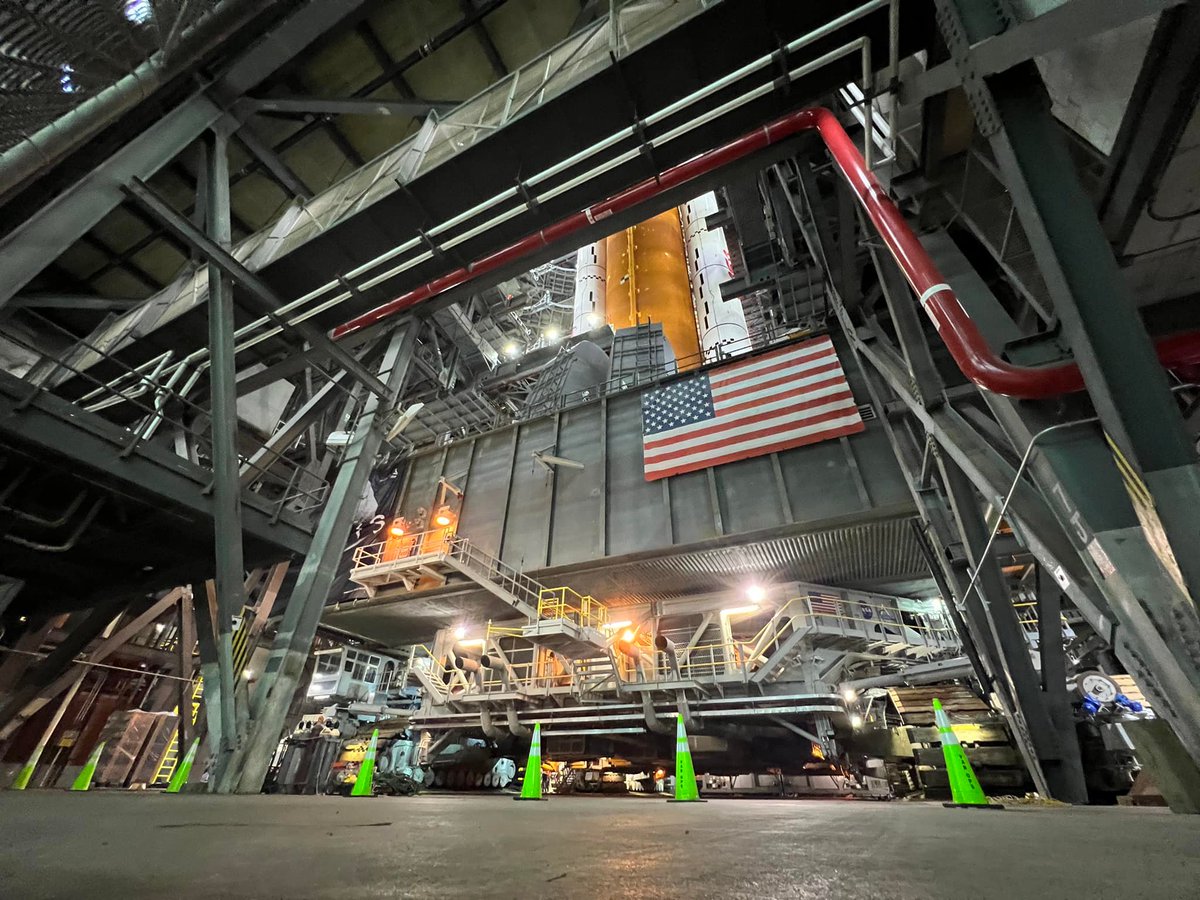 Platforms around the rocket have almost all been retracted and the crawler is in place under the vehicle.