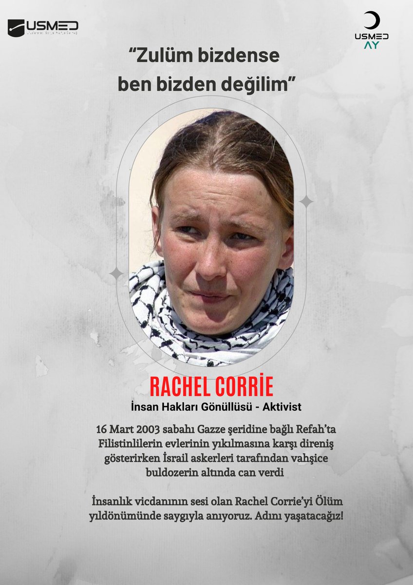 usmedayresmi's tweet photo. Rachel Corrie’nin duruşu; dini, dili, ırkı, milliyeti ne olursa olsun her zaman mazlumun yanında ve zalimin karşısında olarak, dünyayı iyilik değiştirecek şiarıyla yola revan olanların duruşudur. #RachelCorrie #usmed #StopRussia #WARINUKRAINE #GazaUnderAttack #HumanRights https://t.co/9vmLuLiNPd