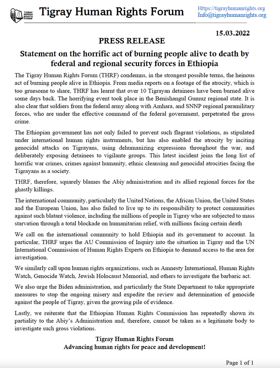 tigray_rights's tweet photo. Tigray Human Rights Forum: Statement on the horrific act of burning people alive to death by federal and regional security forces in #Ethiopia. [Press Release]

#THRF

@mbachelet
@amnesty 
@AmnestyEARO 
@hrw
@MaggieFick
@wdavison10 https://t.co/hCm4VJIARp