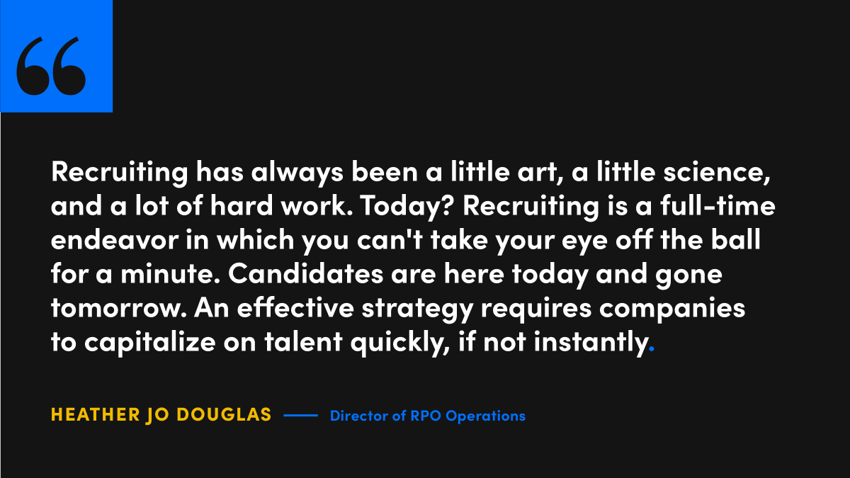 wearebayard's tweet photo. Candidates don't stick around for long, so it's imperative to stay ahead of the curve and engage with top talent before it's gone. Check out our #WisdomWednesday quote from Bayard's Director of RPO Operations.

#recruitmentmarketing #recruiting #rpo #bayard #wegettalent https://t.co/Zu3RVQQ6Dp