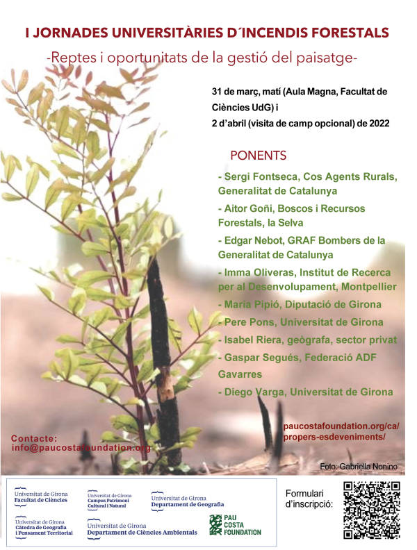 PauCostaF's tweet photo. ✏️Apunteu! I Jornades Universitàries d’Incendis Forestals organitzades amb @univgirona Tot sobre incendis forestals, l’ús del foc i la gestió del paisatge! 
📆31 de març  i 2 d´abril 
📍Aula Magna Fac. Ciències UdG (31 març) i espai de camp (2 abril)
👉https://t.co/atzGYTcOt2 https://t.co/y9i4A5pcWx