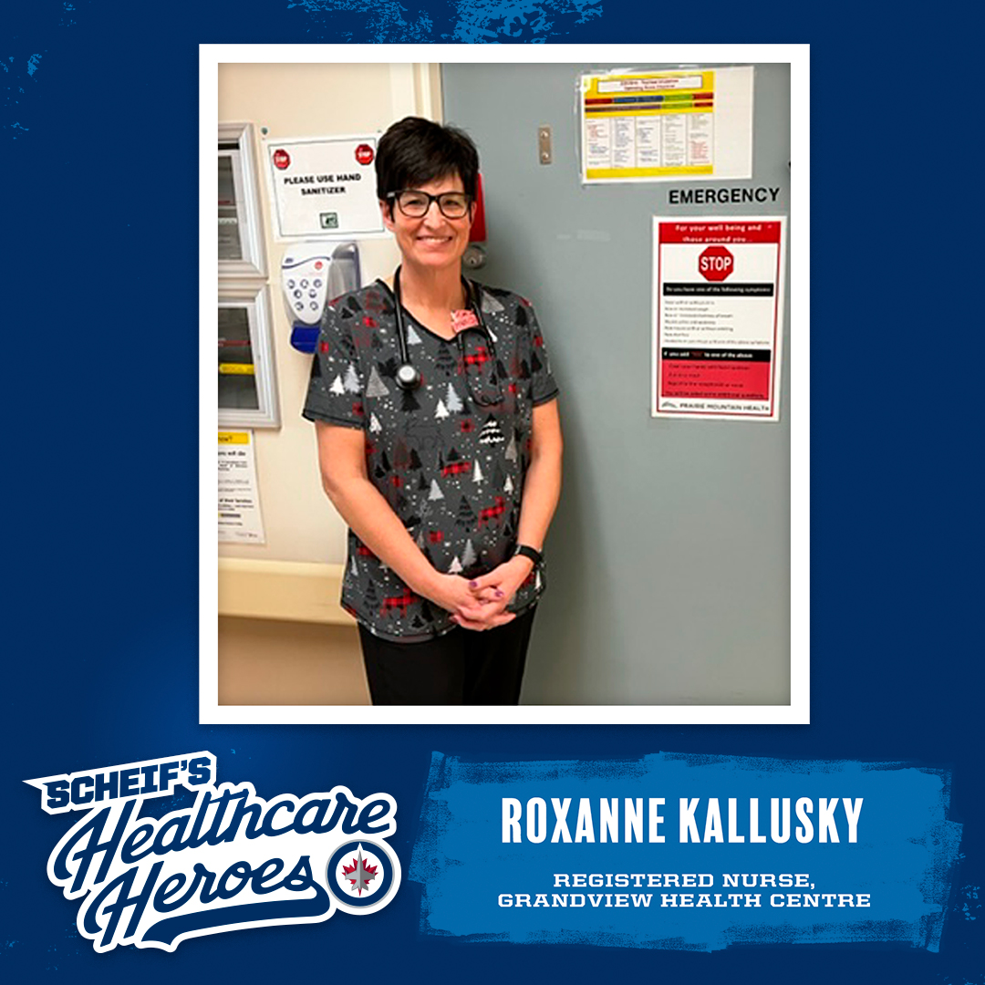 NHLJets's tweet photo. Scheif’s latest Healthcare Hero is Roxanne Kallusky, an RN at the Grandview Health Centre. Roxanne has been making her hometown of Grandview, Manitoba proud through her work as a Registered Nurse throughout the pandemic.

READ: https://t.co/6nIcTZmuvM
@markscheifele55 | @CHImbca https://t.co/kYFrnMigqd
