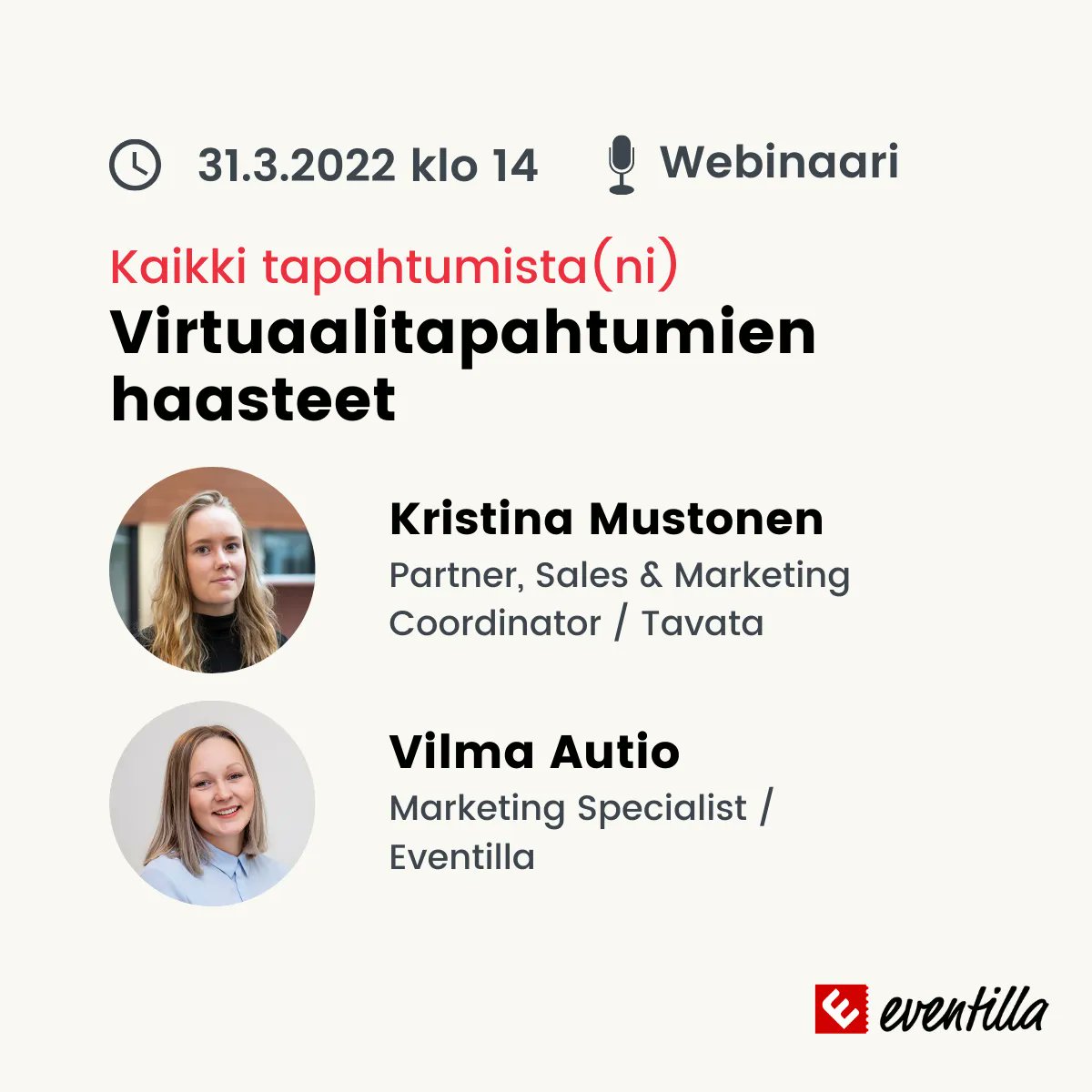 TavataGlobal's tweet photo. Tapahtumanjärjestäjä, ilmoittaudu nyt maaliskuun lopun webinaariin ja tule esittämään kysymyksesi virtuaalitapahtumista sekä nappaamaan talteen vinkit haasteiden selättämiseen!
Tapahtuma järjestetään verkossa 31.3. klo 14. Ilmoittaudu mukaan nyt: https://t.co/NsYsagChkQ https://t.co/QFJWSCpWCW