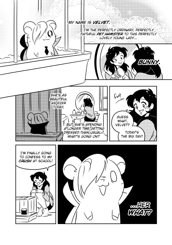 Bunny tells her darling pet hamster, Velvet, a secret: She's going to confess to her crush at school today! Wait, what? The Vampire Blood Drive spin-off you didn't know you needed, HAMPIRE BLOOD DRIVE, is available now in the shop! Please enjoy🐹🧛❤️