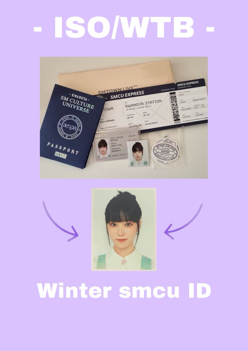 PoringCelestial's tweet photo. [ iso wtb lfs sm town smcu passport set Aespa Winter wtt trade ]

Want: Passport ID only! Looking to buy for €4/€6 + shipping but feel free to offer.

Can also trade Blackpink photocards and bts pcs for the whole set ( whole set only looking to trade not to buy ) https://t.co/dk4rdoTyzJ