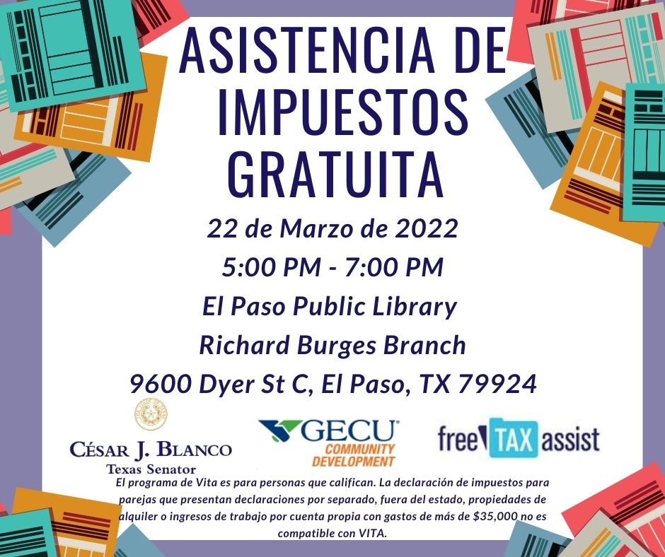 CesarJBlanco's tweet photo. In partnership with @myGECU, our office is providing free tax assistance on March 22 to help the hard-working families of El Paso receive the tax refunds they’re entitled to! #txlege #taxes #elpaso

Learn what you need on hand to participate ➡️ https://t.co/mfunZxJcFq https://t.co/bIxbASr5Uf