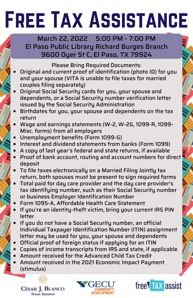 CesarJBlanco's tweet photo. In partnership with @myGECU, our office is providing free tax assistance on March 22 to help the hard-working families of El Paso receive the tax refunds they’re entitled to! #txlege #taxes #elpaso

Learn what you need on hand to participate ➡️ https://t.co/mfunZxJcFq https://t.co/bIxbASr5Uf