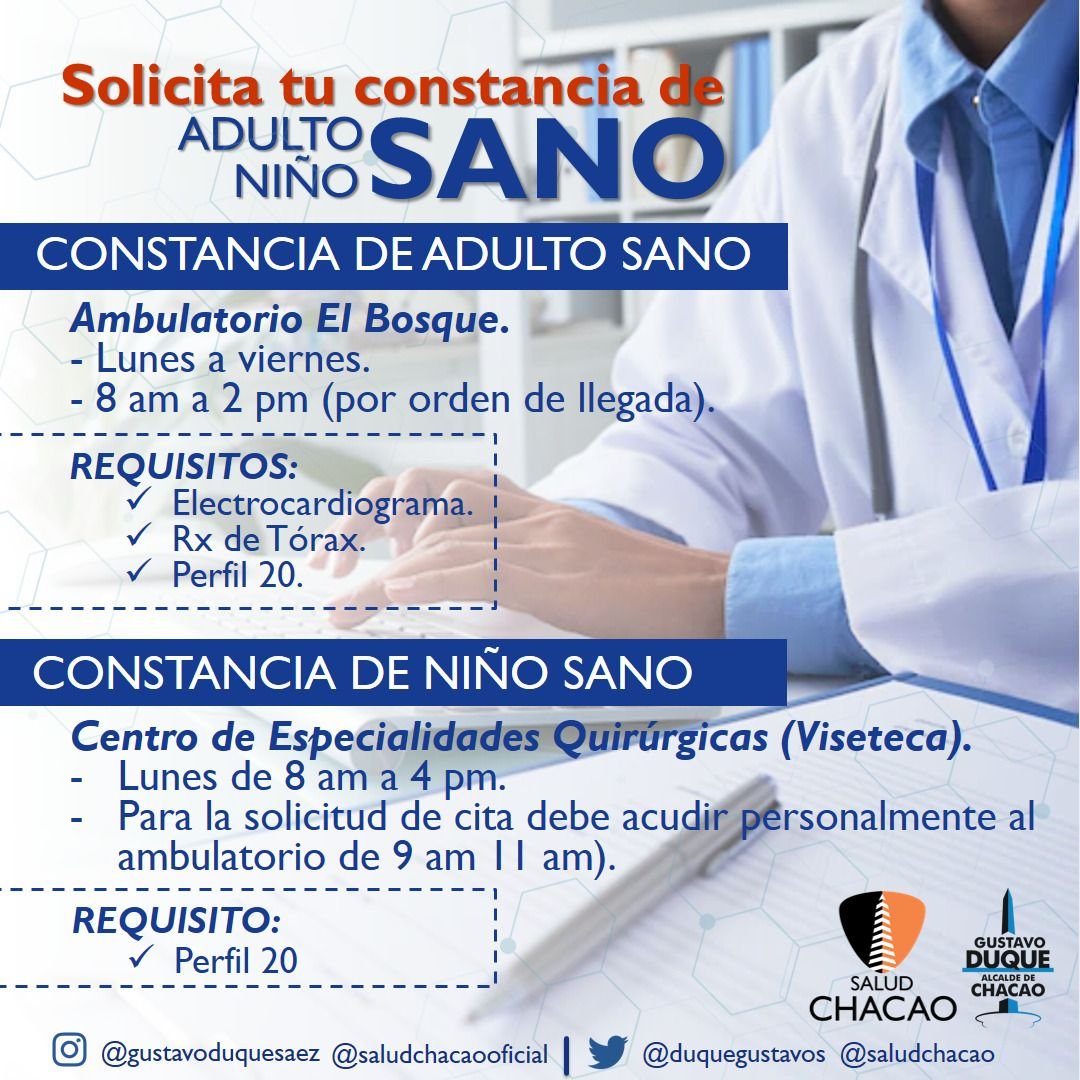#16Marzo Vecinos pueden solicitar la constancia de adulto y/o niño sano a nuestros servidores de <a href="/SaludChacao/">Salud Chacao Oficial</a>, en el Ambulatorio El Bosque o en el Centro de Especialidades Quirúrgicas en la Visiteca. 

Horario y requisitos aquí ⬇️. 

Seguimos #TrabajandoXChacao
<a href="/duquegustavoS/">Gustavo Duque Sáez</a>