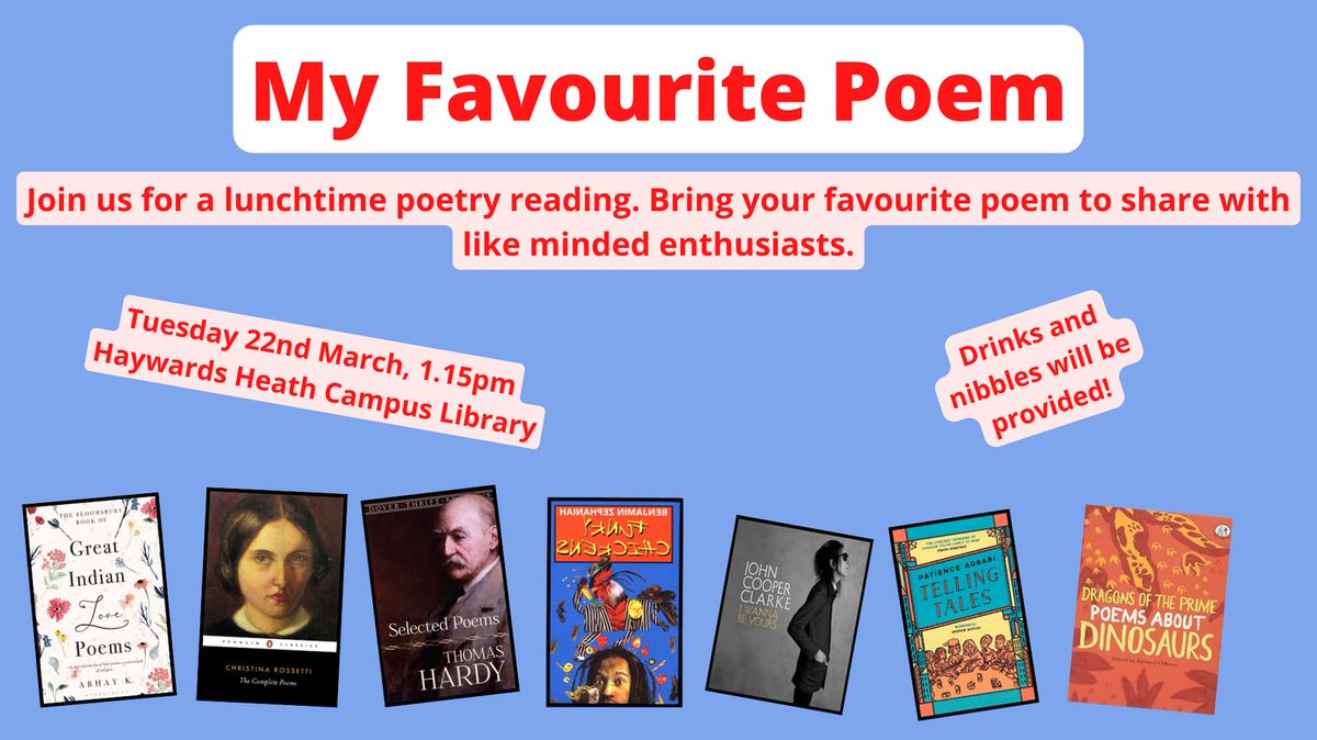 CcgLibrary's tweet photo. We have a very exciting event happening @hhcollege next week. Come along to a lunchtime poetry reading. Meet like-minded enthusiasts and share the joy of poetry. Drinks and nibbles are provided so you even get to eat in the library this one time! https://t.co/HF0VApPYlz