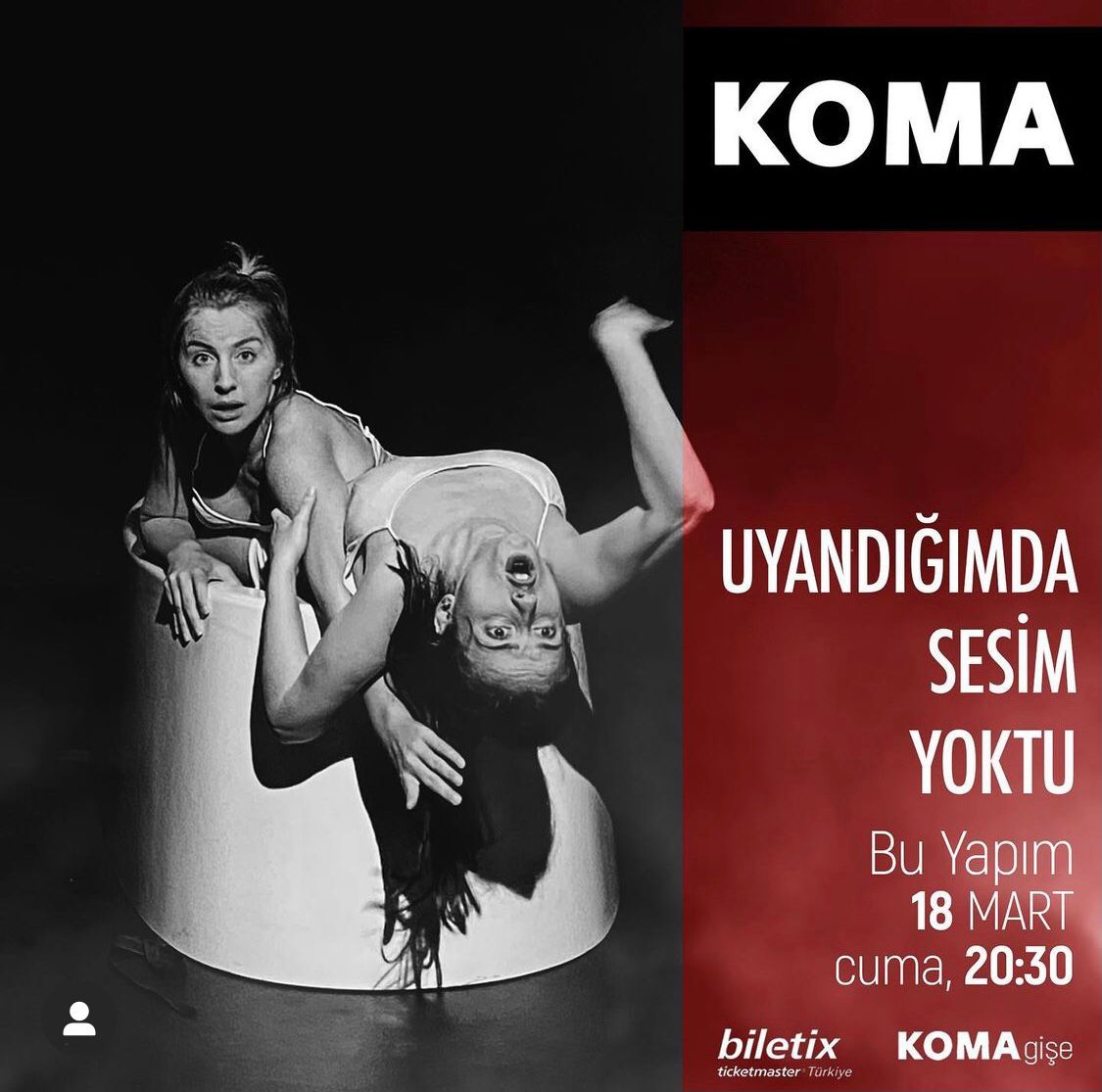 "Uyandığımda Sesim Yoktu" tiyatro oyunumuz 18 Mart Cuma Günü Saat 20.30'da Kadıköy Koma Sahnesi'nde seyirci ile buluşuyor. Biletleri Biletix ve Koma Sahnesi gişesinden temin edebilirsiniz. Görüşmek üzere, sevgiyle kalın. 🎭