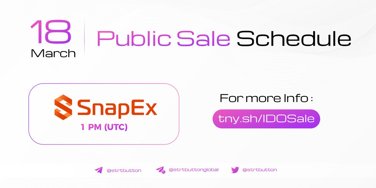 strtbutton's tweet image. It's TOMORROW ! Our Public Sale will be on @snapexofficial 

⏰ : 1 PM UTC | 8 PM UTC+7
🌐 : snapex.com

Don't MISS it ! ⚠️
Stay tuned for more exciting updates! 

#STRTButton #SnapEx #Defi #decentralizedfinance #IDO #IDOSale