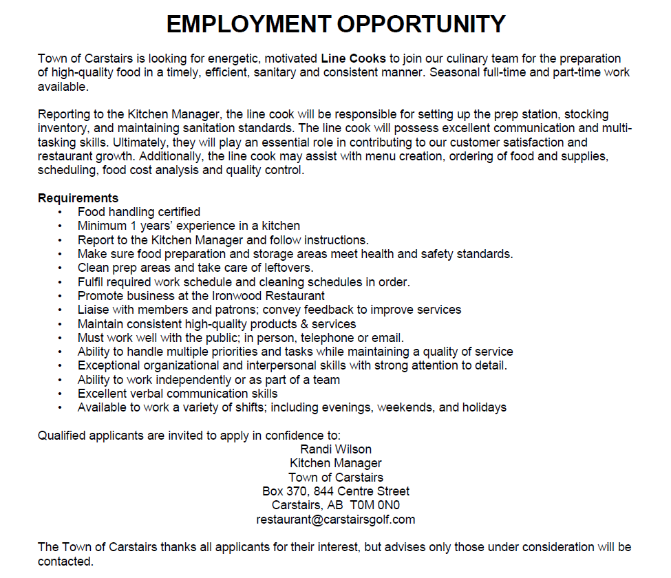 Carstairs Golf Course is looking for Line Cooks.
Click the link below for a full job description:
carstairs.ca/p/employment-o…