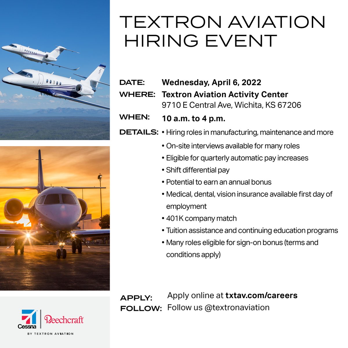 ShockerCareer's tweet photo. Check out Textron Aviation's Hiring Event! The event is in a few short weeks, so make sure to sign up for our workshops and resume reviews in the SCA to prepare! 

Apply: https://t.co/NE1PiBdThs

Register for SCA workshops/ Resume Review: https://t.co/tnJ9Q9E8IL https://t.co/3GJiOJ3c1T