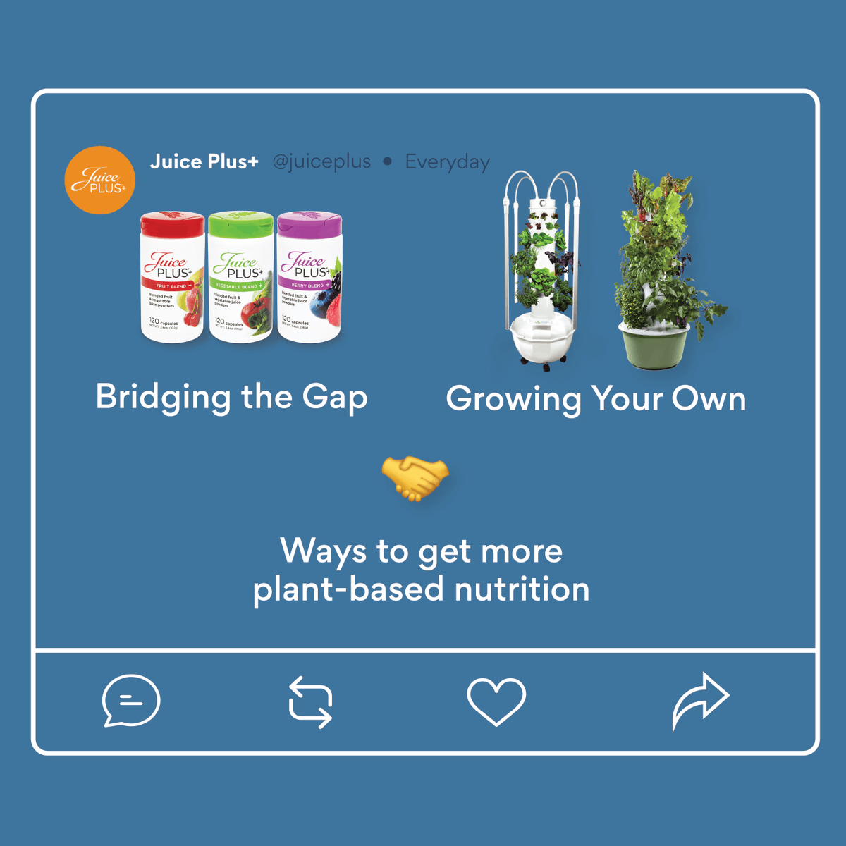juiceplus's tweet photo. Most of us aren’t eating enough fruits and veggies, but there’s so many simple ways to get more plants on your plate! Whether it's making healthy swaps with Complete, growing your own produce with @TowerGarden or bridging the gap with Juice Plus+ capsules, it’s all about balance! https://t.co/Rao0bsKUSW