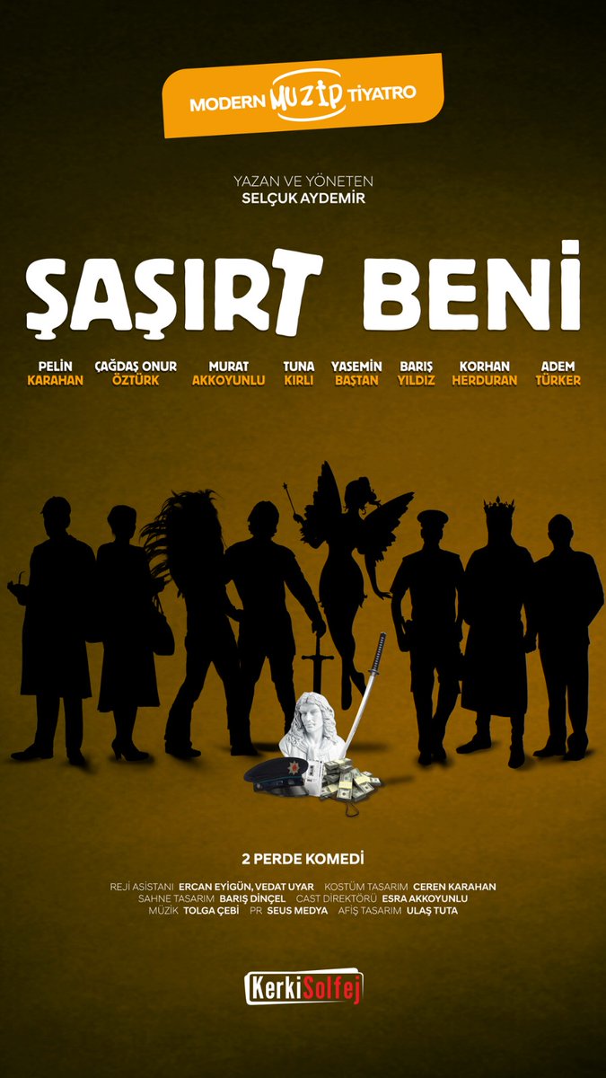 Hunharca güldürmeye geliyoruz. Bu sefer tiyatro sahnesinde, birebir ve filtresiz. Buyrun birlikte gülelim.  "ŞAŞIRT BENİ" eli kulağında. Yüz görümlük teaser afişi...
<a href="/pelinkarahan/">Pelin Karahan</a> @cagdasonurozturk <a href="/AkkoyunluMurat/">Murat Akkoyunlu</a> @tunakirli @conkayasemin <a href="/barisyildiz_/">by</a> <a href="/KorhanHerduran/">Korhan Herduran</a>