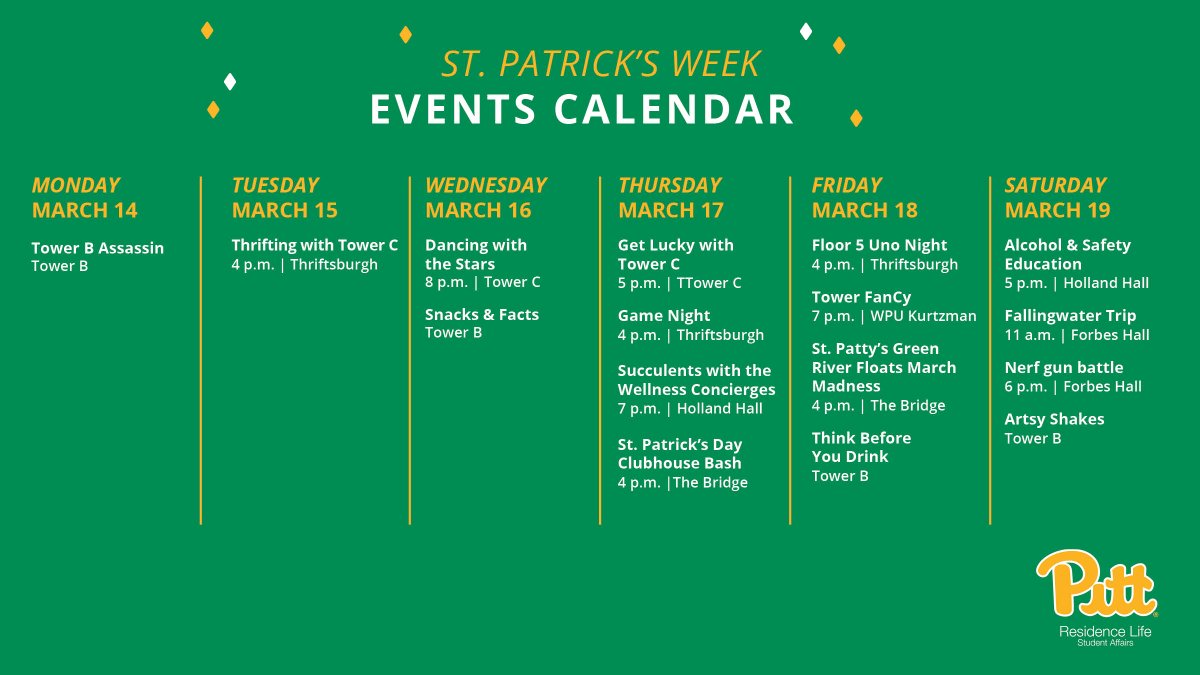 PittResLife's tweet photo. Celebrating St. Patrick’s Day all week long, check out this short list and ask your #PittRA or #PittCA about other themed events in the Halls or on campus this week! https://t.co/OvPlUMR8vk